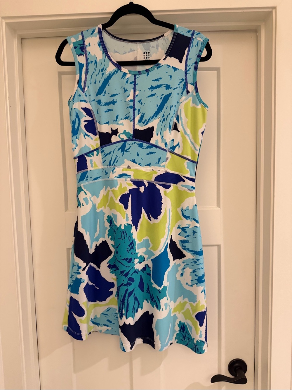 Title Nine Sleeveless Floral Print Fit-and-Flare Dress in Blue and Lime